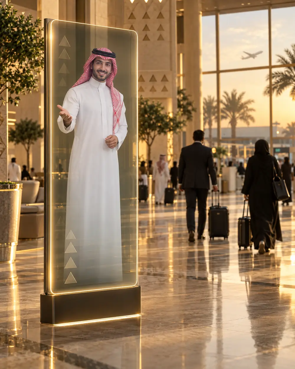 A digital human concierge in a white thobe and red shemagh greets travelers from a slim glass kiosk in a Saudi airport