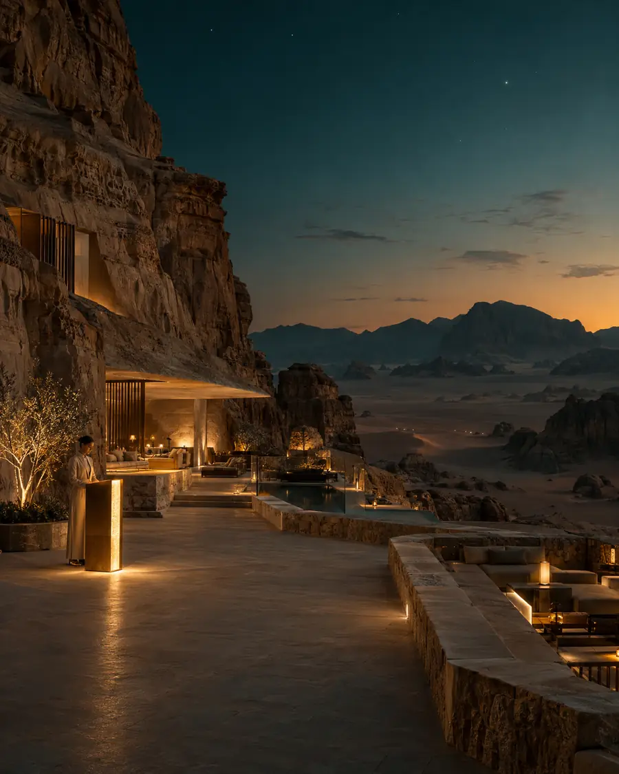 A desert resort carved into sandstone cliffs at blue hour